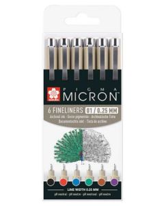 Sakura Pigma Micron set, 6x Pigma Micron 01 Basiskleuren