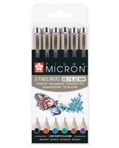 Sakura Pigma Micron set, 6x Pigma Micron 05 Basiskleuren